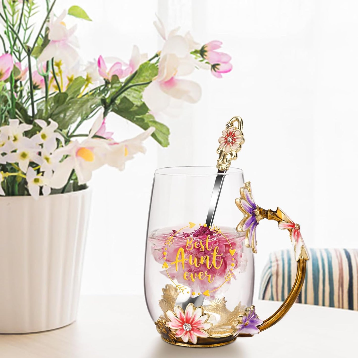 Enamel Glass Flower Tea Pot With Removable Loose Tea Leaf Infuser Tea Maker Teapot Set 30.4OZ Gifts for Women,Mom,Birthday