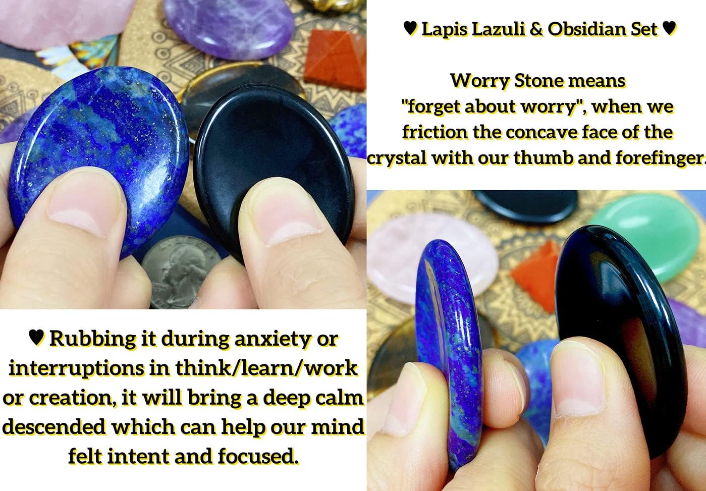 2PCS Worry Stone for Anxiety Tigers Eye Amethyst Healing Crystals Hand Thumb Stones Pocket Gemstones Meditation Accessories Oval Crystal Natural Relax Palm Stone Anxiety Relief Items Stocking Stuffers