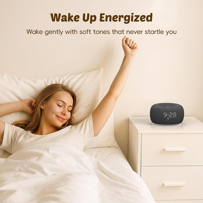 Buffbee Alarm Clock with Sound Machine for Bedrooms – 2-in-1 White Noise Machine for Sleep, Gentle Wake-Up with Soft Alarm Sounds, Ambient Night Light, Plug-in, Sleep Better, Wake Gently