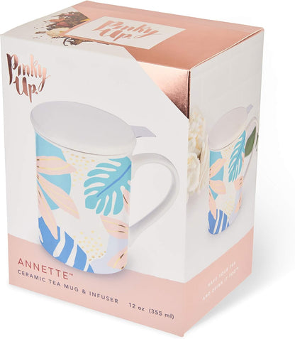 Pinky Up Annette Ceramic Tea Cup with Infuser and Lid, Travel Mug for Loose Leaf Teas, Home Office, Camping, Picnic Party, 12 oz, Set of 1, Honeycomb