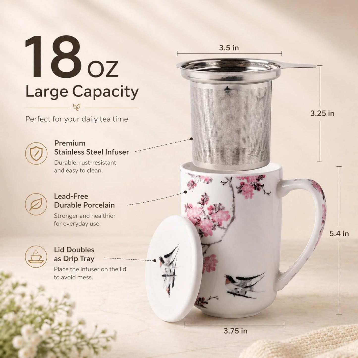 AmorArc Porcelain Tea Mug with Infuser and Lids, 18 Oz Large Cup Strainer with Bag Holder for Loose Leaf Tea, Steeping Coffee Mug for House-warming Wedding Birthday Gift