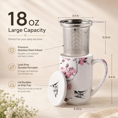 AmorArc Porcelain Tea Mug with Infuser and Lids, 18 Oz Large Cup Strainer with Bag Holder for Loose Leaf Tea, Steeping Coffee Mug for House-warming Wedding Birthday Gift