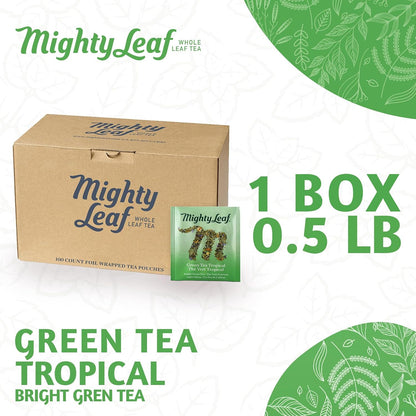 Mighty Leaf Green Tea Tropical – 100 Count Whole Leaf Green Tea Bags – Pyramid Sachets with Pineapple, Tropical Fruit & Floral Flavors – Antioxidant-Rich, Lightly Caffeinated