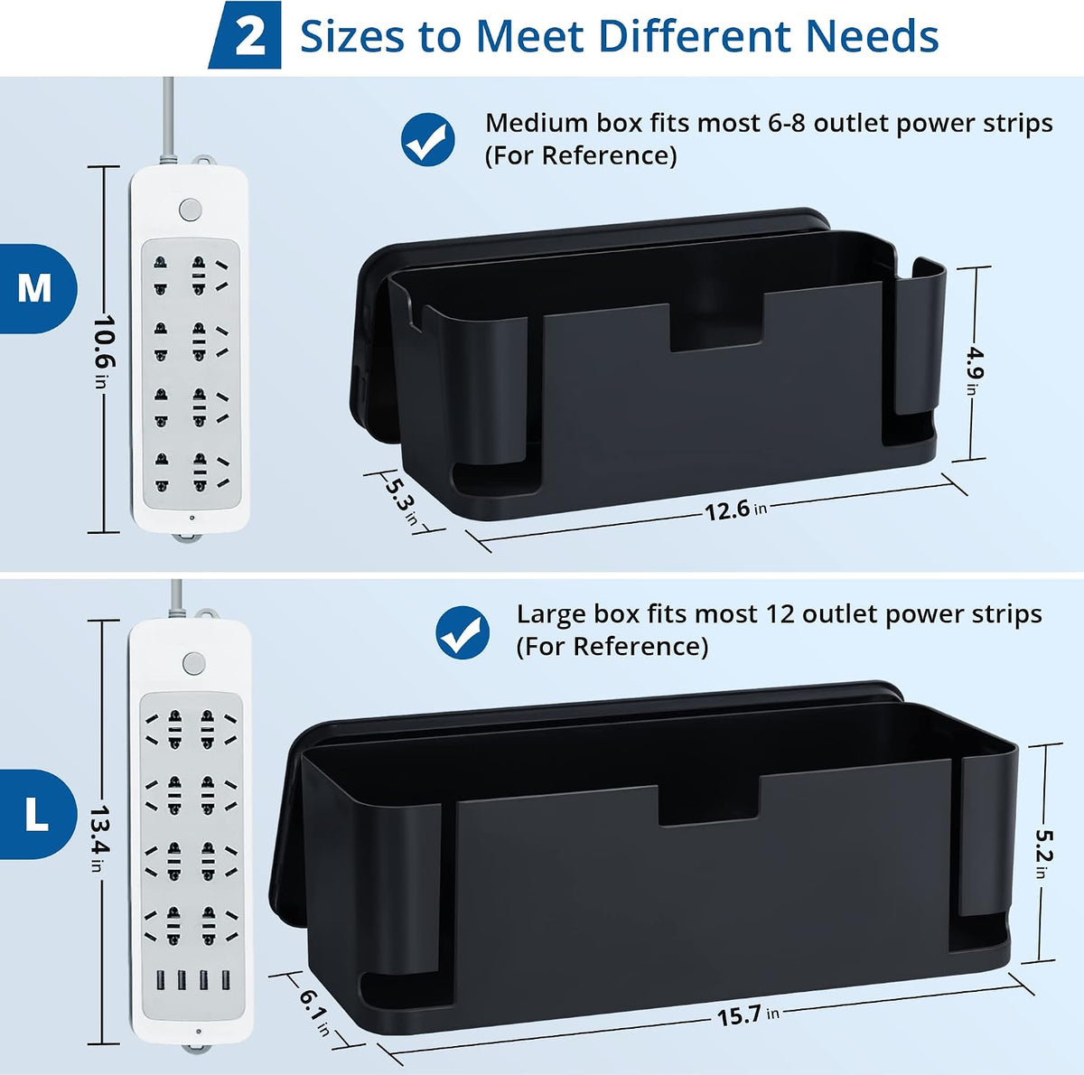 ZhiYo 2 Pack Cable Management Box, Medium & XL, Power Strip Organizer Black