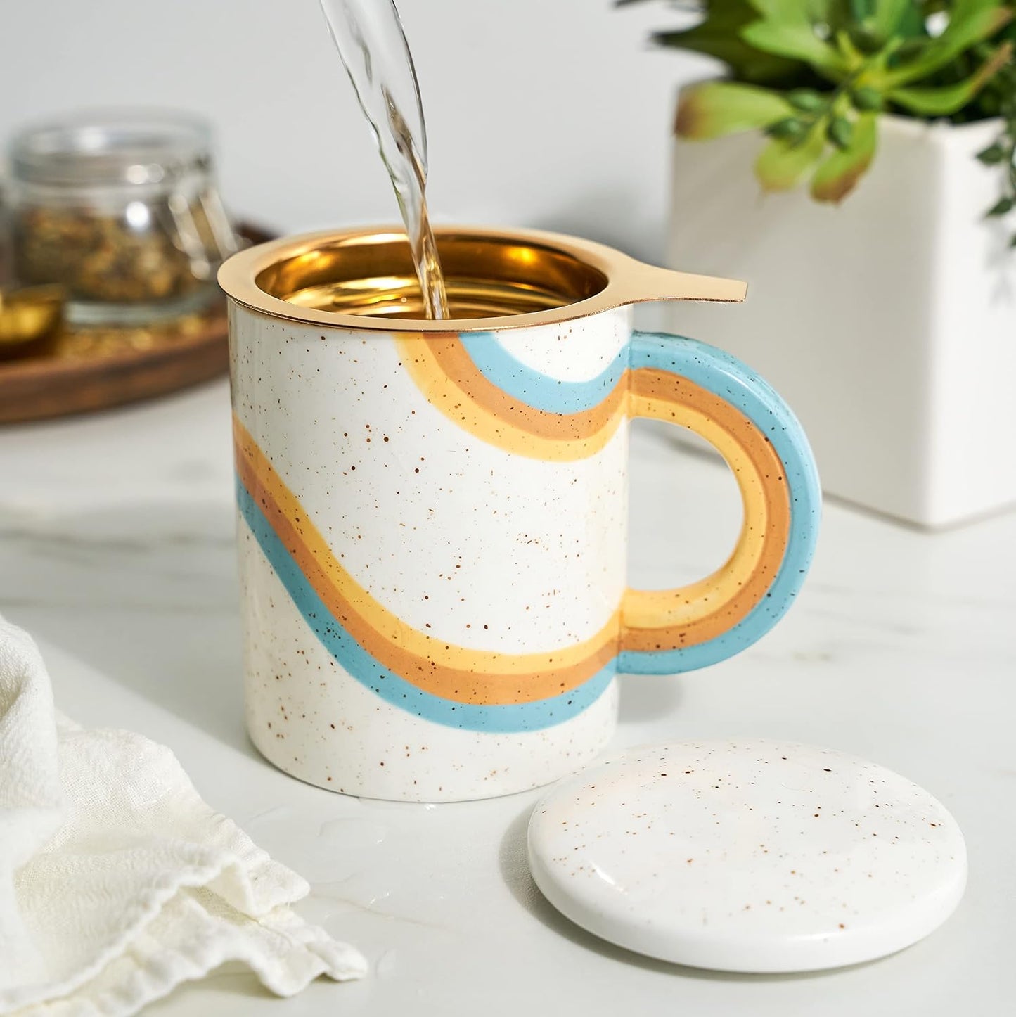 Pinky Up Annette Ceramic Tea Cup with Infuser and Lid, Travel Mug for Loose Leaf Teas, Home Office, Camping, Picnic Party, 12 oz, Set of 1, Honeycomb