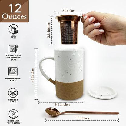 Mora Ceramics Tea Cup with Loose Leaf Infuser, Spoon and Lid, 12 oz, Microwave and Dishwasher Safe Coffee Mug - Rustic Matte Ceramic Glaze, Modern Herbal Tea Strainer - Great Gift for Women, Garnet