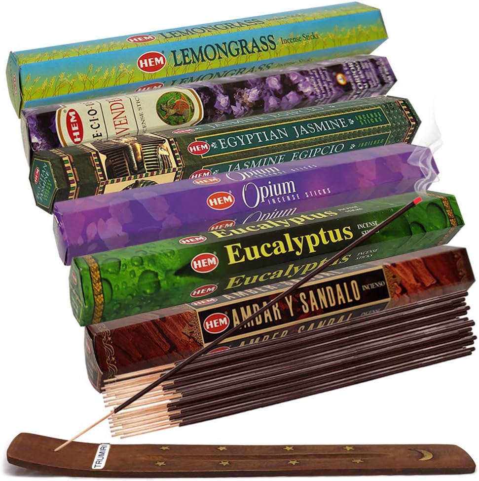 Hem Incense Sticks Variety Pack #23-120 Insence-Sticks (6 Incents x 20 Insense) + Incense Stick Holder with 6 Most Liked Scents Including Patchouli Dragons Blood White Sage Frankincense-Myrrh