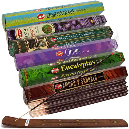 Hem Incense Sticks Variety Pack #23-120 Insence-Sticks (6 Incents x 20 Insense) + Incense Stick Holder with 6 Most Liked Scents Including Patchouli Dragons Blood White Sage Frankincense-Myrrh