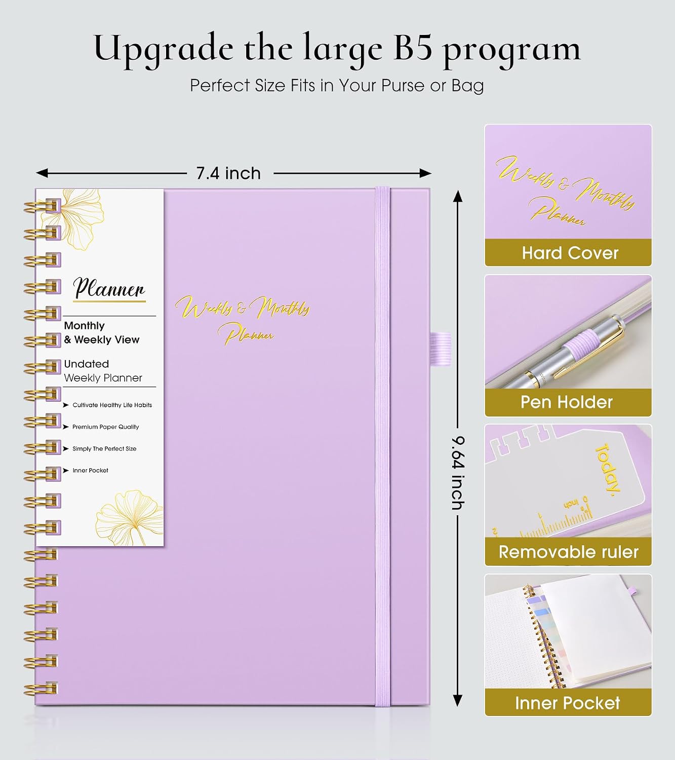 Undated Weekly and Monthly Planner, B5 Large Weekly To Do List Notebook with Goal & Habit Tracker Organizer, Hardcover Spiral Bound Blank Monthly Planner for Work School Home 7.4" x 9.64" Black