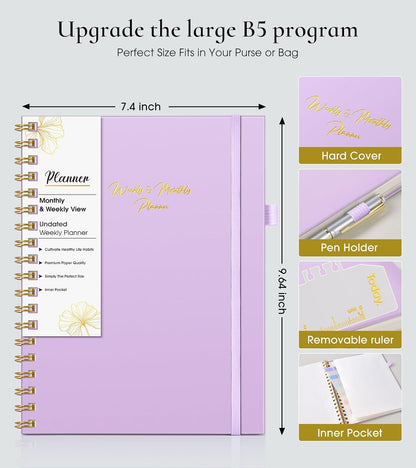 Undated Weekly and Monthly Planner, B5 Large Weekly To Do List Notebook with Goal & Habit Tracker Organizer, Hardcover Spiral Bound Blank Monthly Planner for Work School Home 7.4" x 9.64" Black