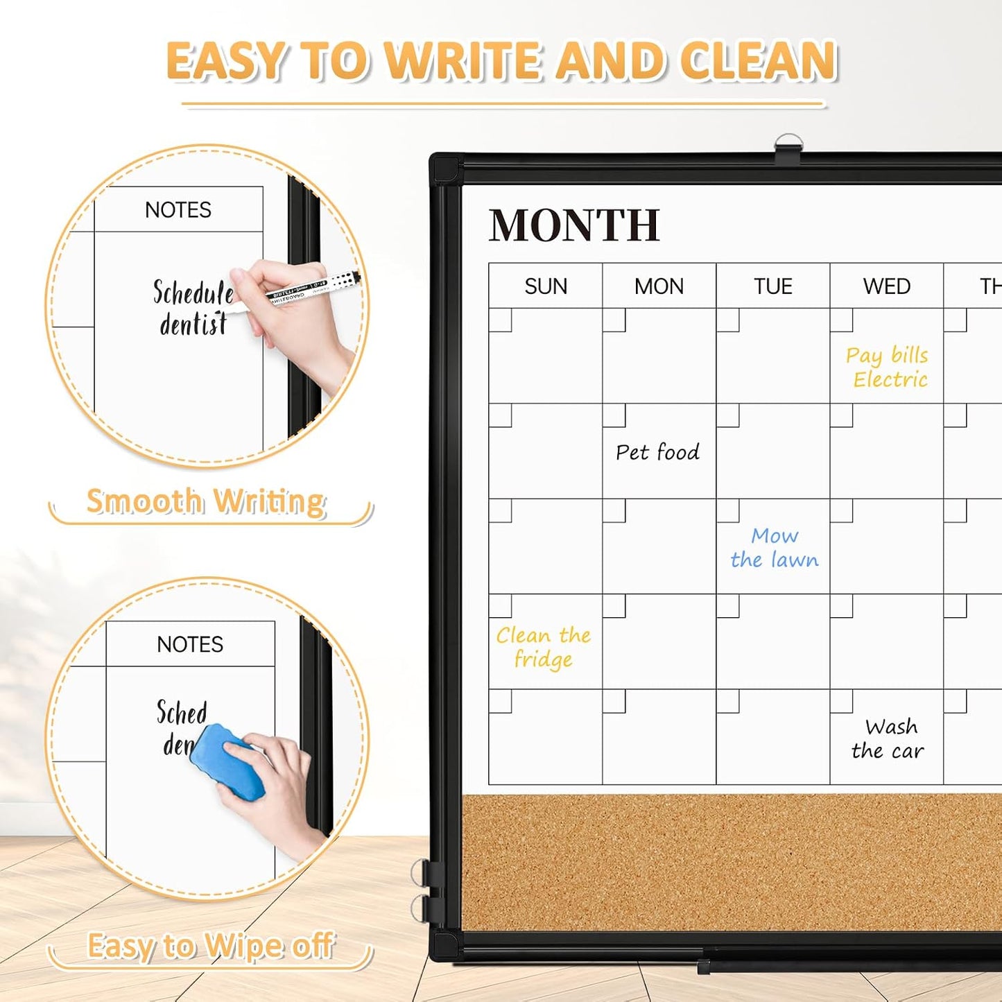 Dry Erase Calendar Whiteboard for Wall, 24"x18" Magnetic Monthly White Board Cork Board Combo, Double Sided, Aluminum Frame, Wall Hanging Wipe Board for Home, Office, School, Dorm