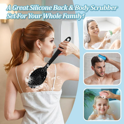 Silicone Back Scrubber & Bath Glove Set 2PCS, 13.4'' Gentle Shower Back Scrubber with Dual-Side Head Non-Slip Handle, 360° Anti-Slip Hand-fit Bath Glove for Rich Foaming Deep Cleaning(Black)