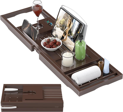 Foldable Bathtub Caddy Tray for Tub,Bamboo Expandable Bath Table Trays,Premium Bathroom Accessories for New Home & Mothers Day & Birthday Gifts for Couples,Natural