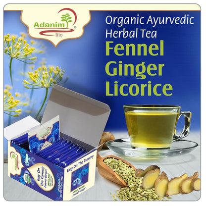 Adanim Bio Organic Fennel Ginger Herbal Tea | Caffeine Free Herbal Blend with Peppermint & Licorice Root | Stomach Ease Tummy Tea | Supports Healthy Digestion | 20 Individually Wrapped Tea Bags
