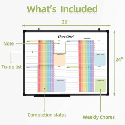 Lockways 36" x 24" Magnetic Chore Chart Board Aluminum Frame, Wall Mounted Dry Erase Board for Home, Organization Reward Board for Messages