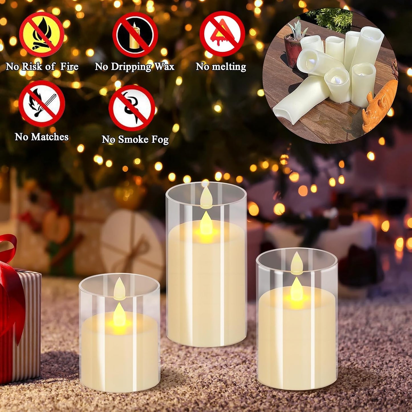 wemarry Flameless Candles 4" 5" 6" Acrylic Glass Pillars 3" Diameter Battery Operated Flickering Candles Include 8-Key Remote with Timer Function 400+ Hours (Gray, Warm Light 3 Pack)