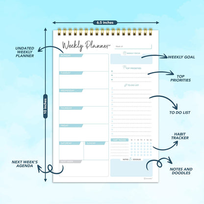 Decorably 52 Sheets Blue Undated Weekly Planner Notepad - 6.5x10in Spring-Bound, Easy Tear-Off Design, with Focus, Priorities, to-do List, Habit Tracker & Notes - Home, School, Office