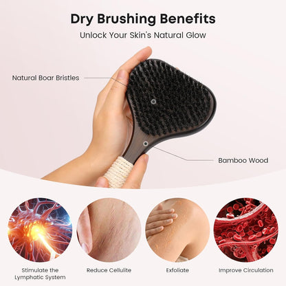 eaxun Bamboo Dry Brushing Set with Body and Face Brush, Dry Scrub Brush with Exfoliating Natural Boar Bristle for Lymphatic Drainage, Cellulite Reduction, Blood Circulation and Glowing Skin, 2 Pack