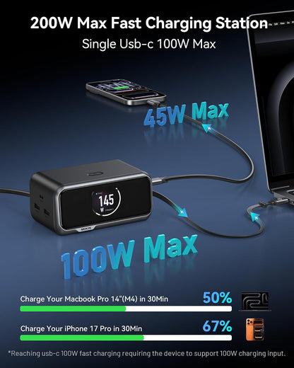 MOKiN 200W Charging Station with Retractable Cord, 6-Port Desktop Charger