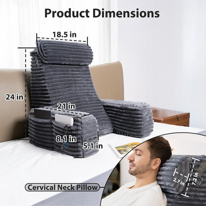 ENITYA 22" XL Back Pillow for Bed Sitting Up, Reading Pillow with Armrests & Big Pockets, Soft Back Support Chair, Ideal for Watching TV, Gaming, Nursing, Resting, Post Surgery, Dark Grey