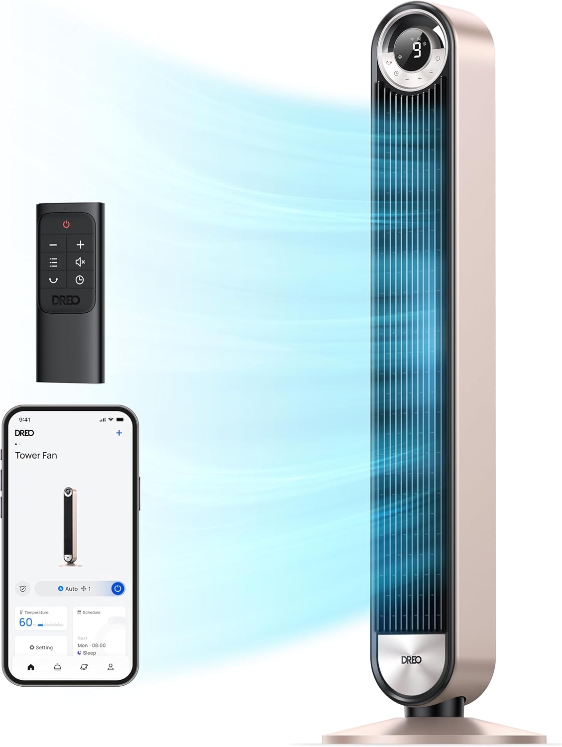 DREO Tower Fan for Bedroom, Upgraded DC 9 Speeds 20dB Ultra-Quiet Floor Fan, 90° Oscillating Fans with 28ft/s Velocity, 12H Timer, Standing Fan, Bladeless Fan Powerful for Home, Black