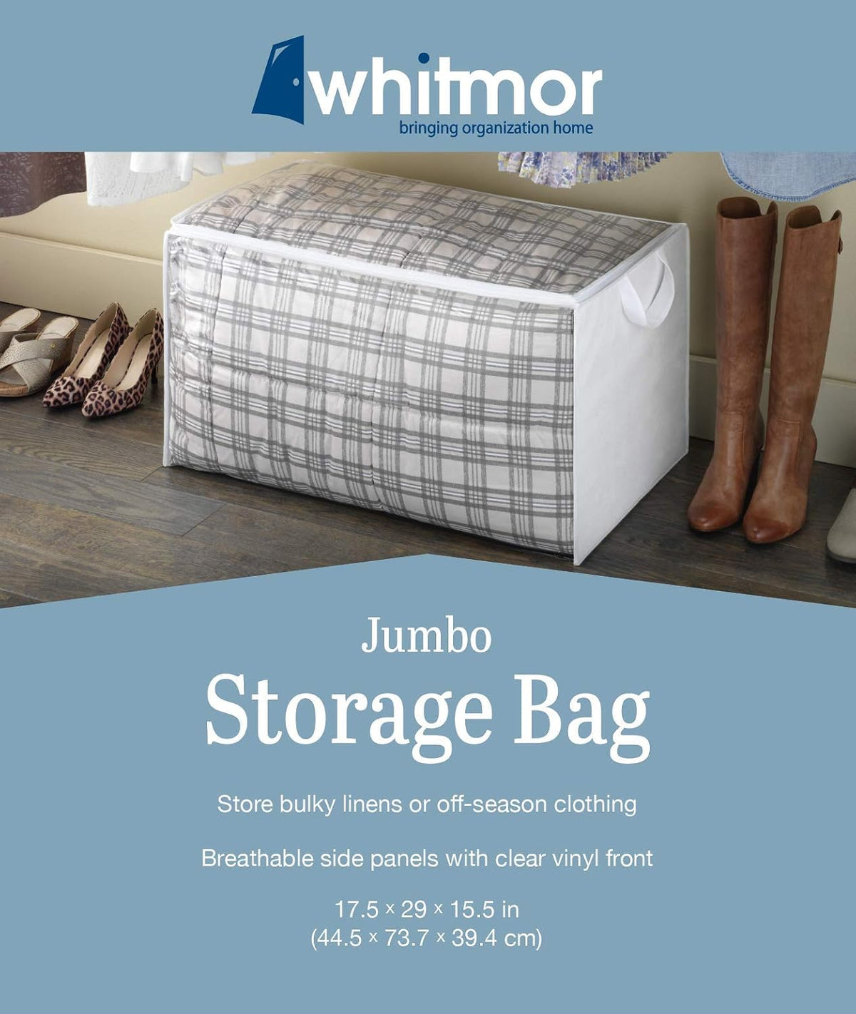 Whitmor Zippered Jumbo Storage Bag, Extra Large 34 Gallon (29"x17.5"x15.5"), Breathable Non-Woven Organizer with Clear Window, Big Moving Bag for Blankets, Clothing, Closet Organization, White
