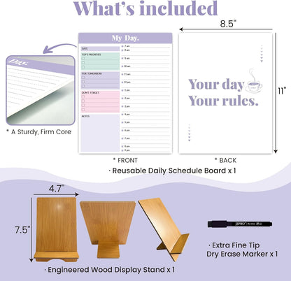 JJPRO Reusable Desktop Daily Planner with Stand,Reusable Time Schedule Board,11"x8.5" Hourly Schedule Dry Erase Board with Time Slots,Desk Hourly Dry Erase Board w/Engineered Wood Stand-Sage Green