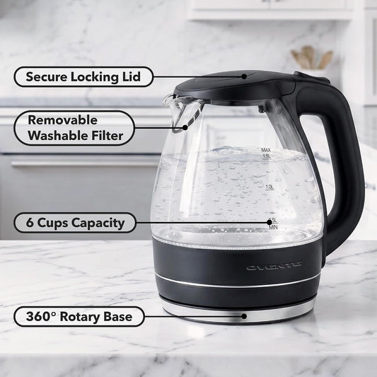 OVENTE Electric Kettle, 1.5L Borosilicate Glass Countertop Water Heater and Boiler for Coffee or Tea, BPA-Free, Auto Shut-Off, Boil-Dry Protection, Removable and Washable Spout Filter, White KG83W