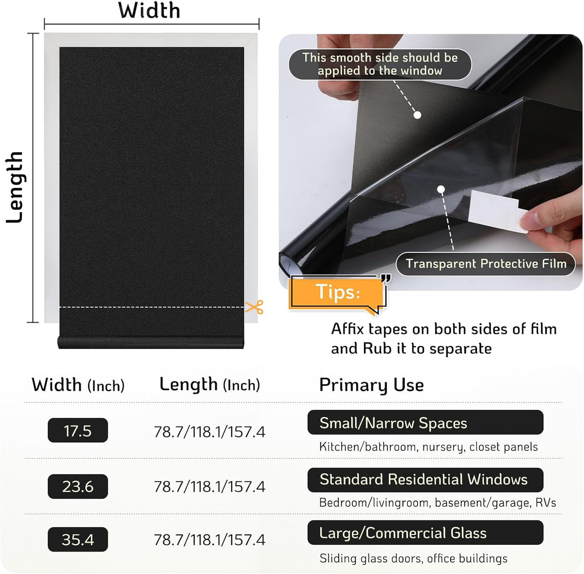 LUTE Blackout Window Film, Window Tint for Home Privacy, 17.5" x 78.7"