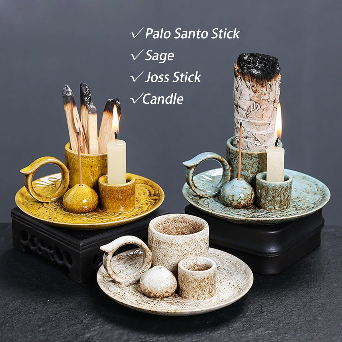 4 in 1 Ceramic Incense Burner Holder with Handle for Burning Sage, Palo Santo Stick, Joss Sticks, Candle in Your New House, Office, Yoga, Meditation Room (Speckled Blue)