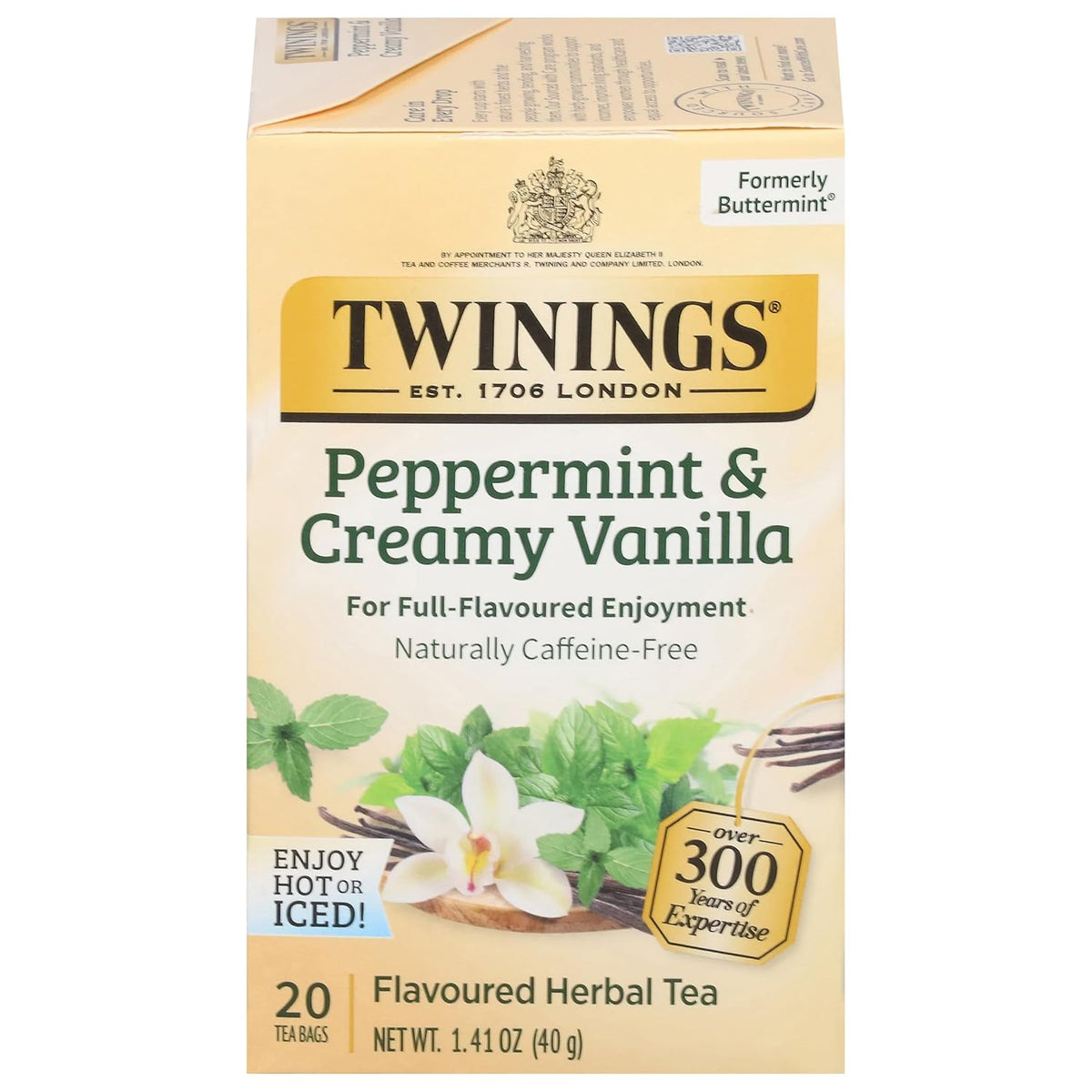 Twinings Peppermint & Creamy Vanilla Herbal Tea Individually Wrapped Bags, 20 Count (Pack of 1), Formerly Buttermint, Naturally Caffeine-Free, Enjoy Hot or Iced, 20 Teabags