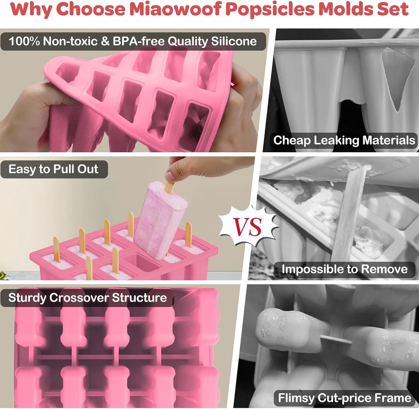 Miaowoof Homemade Popsicle Molds, 10-Cav Non-BPA Silicone Ice Pop Maker, with 50 Sticks, 50 Bags, 10 Reusable Sticks, Funnel, Brush and Ice Pop Recipe (Red)