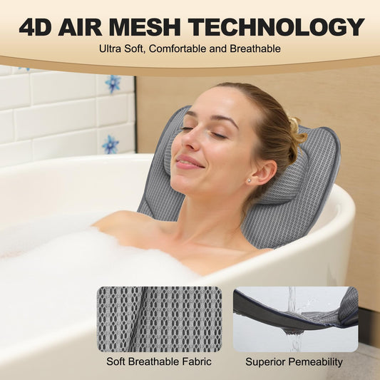 Extra Long Thick Full Body Bath Pillow for Tub with Lumbar Pillow- Luxury 4D Air Mesh Bathtub Pillow with Head, Shoulder & Back Support, Non-Slip Bath Cushion with Suction Cups (Gray)