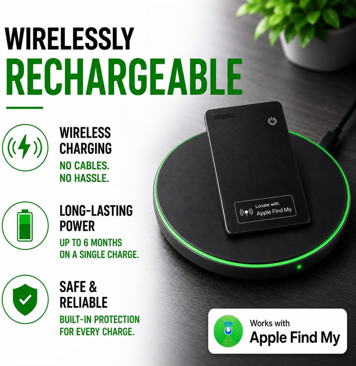 Wallet Tracker Card – Apple MFi Certified, Works with Apple Find My (iOS Only), Rechargeable Slim Tracking Card & Finder, 6-Month Battery, Item Locator for Wallet, Purse, Luggage, Passport