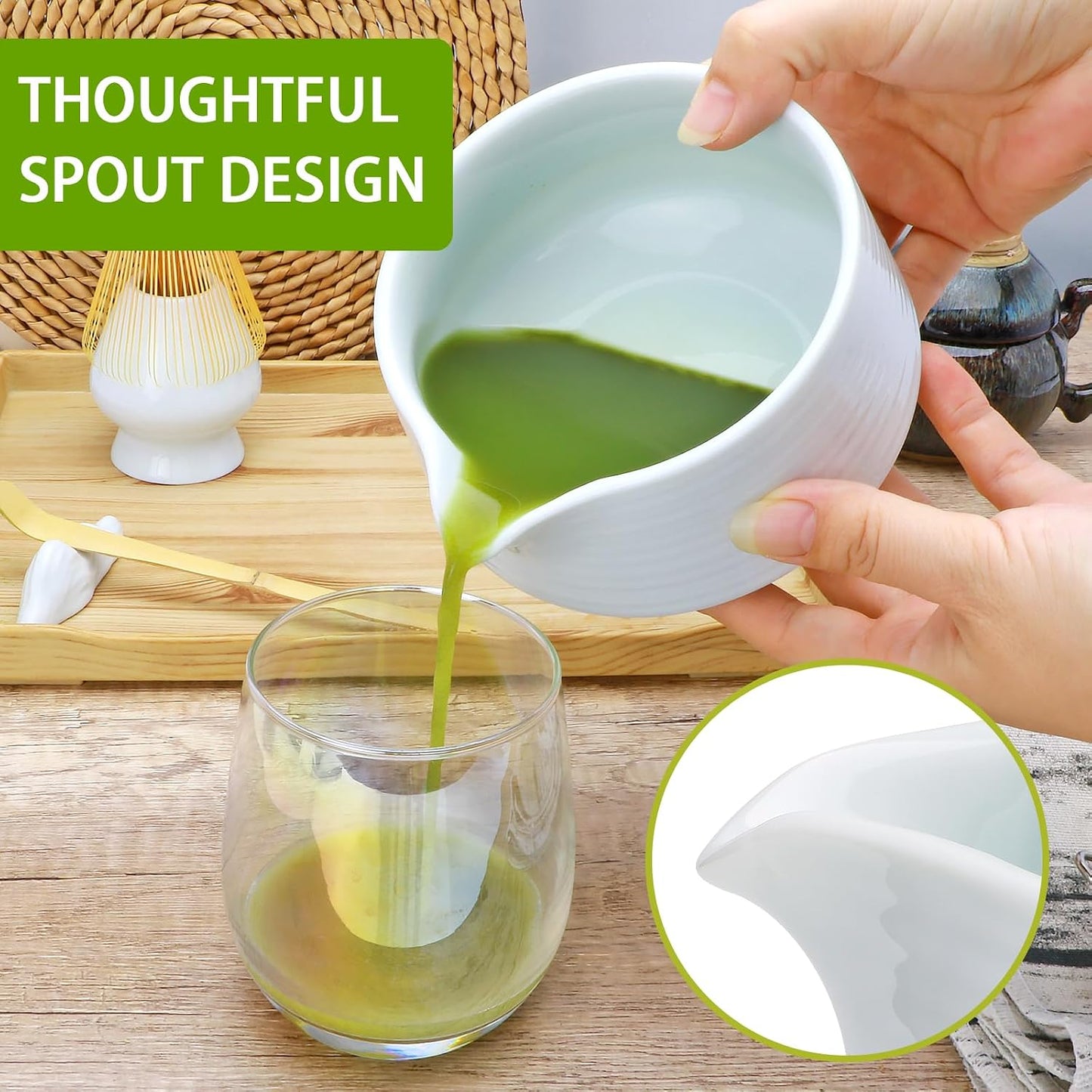 Accguan Matcha Whisk Set, 7pcs - Bamboo & Ceramic, Includes 19 oz Bowl, Whisk, Spoons, Holder, Sifter & More - Perfect for Matcha Lovers