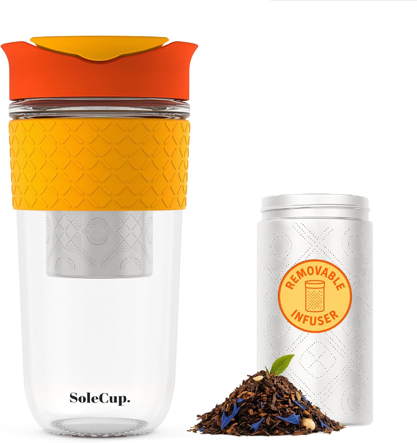 Large Travel Mug Loose Tea Infuser - Detachable Tea Strainer with Spill Proof Lid - 18oz/530ml BPA-Free Reusable Glass Travel Coffee Cup with Silicone Band (Ice Cream, 18oz)