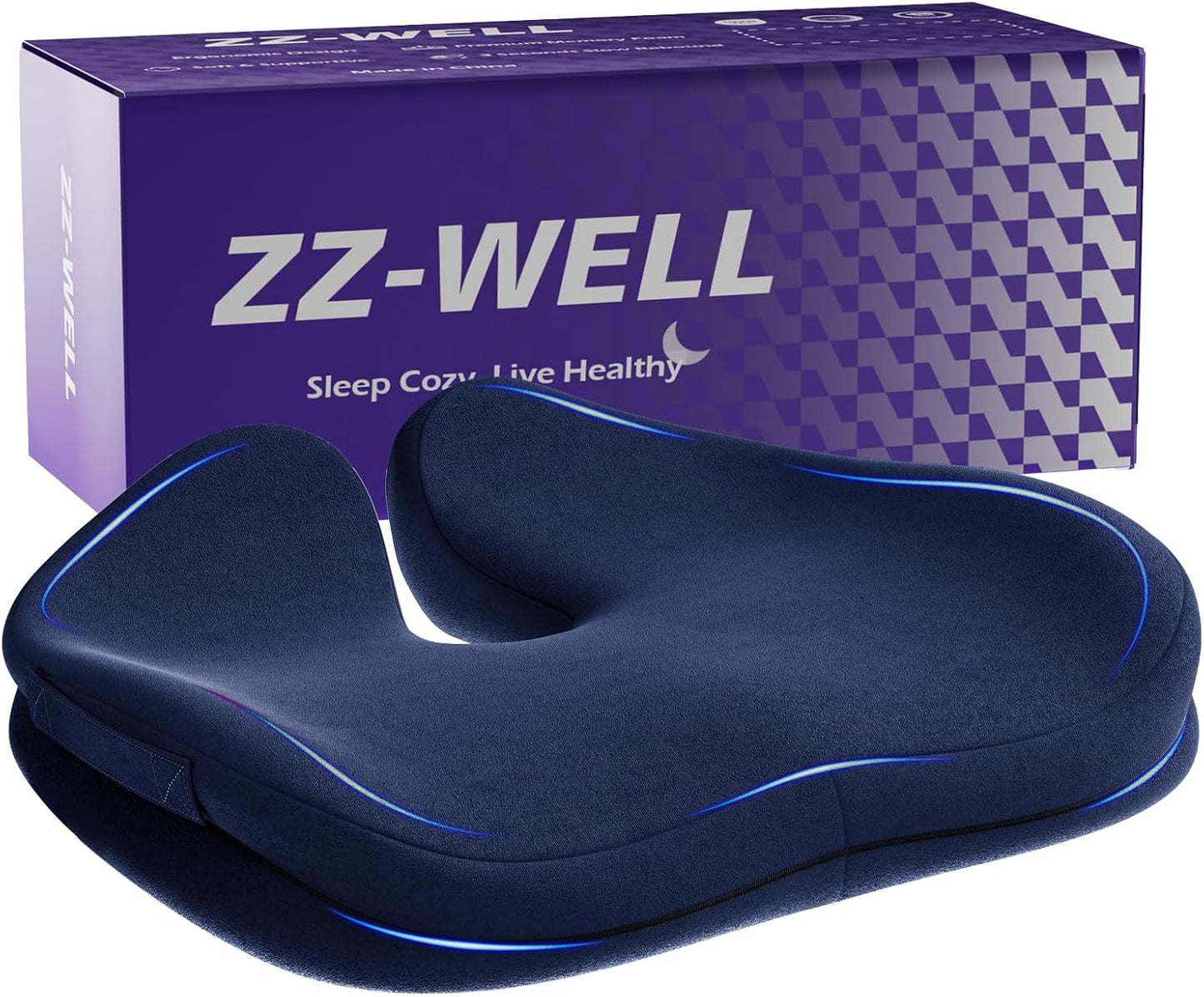 ZZ-WELL Seat Cushion for Office Chairs, Black, 21.2 Inches | Coccyx Cushion for Tailbone Pain, Memory Foam, Extra Large Thick, Patented Pressure Relief, Computer Gaming Chair
