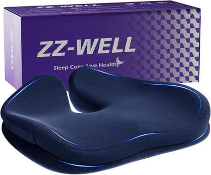 ZZ-WELL Seat Cushion for Office Chairs, Black, 21.2 Inches | Coccyx Cushion for Tailbone Pain, Memory Foam, Extra Large Thick, Patented Pressure Relief, Computer Gaming Chair