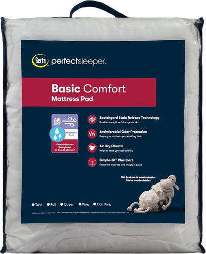 Serta Air Dry Extra Comfort Plus 100% Cotton Fabric Quilted Mattress Pad, Cooling and Breathable Mattress Cover, Moisture Wicking Protection with 18" Deep Pocket, Queen, White