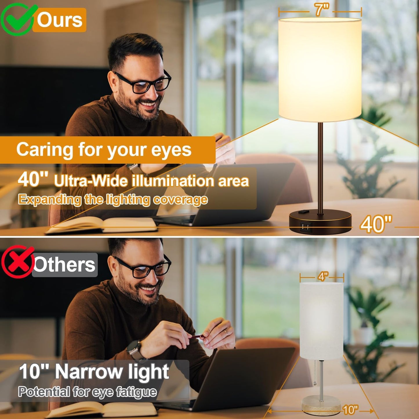 Set of 2 Touch Control Table Lamps with 2 USB & AC Outlet, 3-Way Dimmable Bedside Nightstand Lamps for Bedroom Living Room Nursery, 800 Lumens 5000K Daylight Bulbs Included