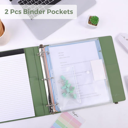 SKYDUE 3 Ring Binder with Clipboard, 13.2" × 10.2" Faux Leather 1 Inch Binder Organizer with 5 Pocket Dividers, Notepad, Labels & 2 Storage Pockets for Teachers, Students, Nurses & Office Work