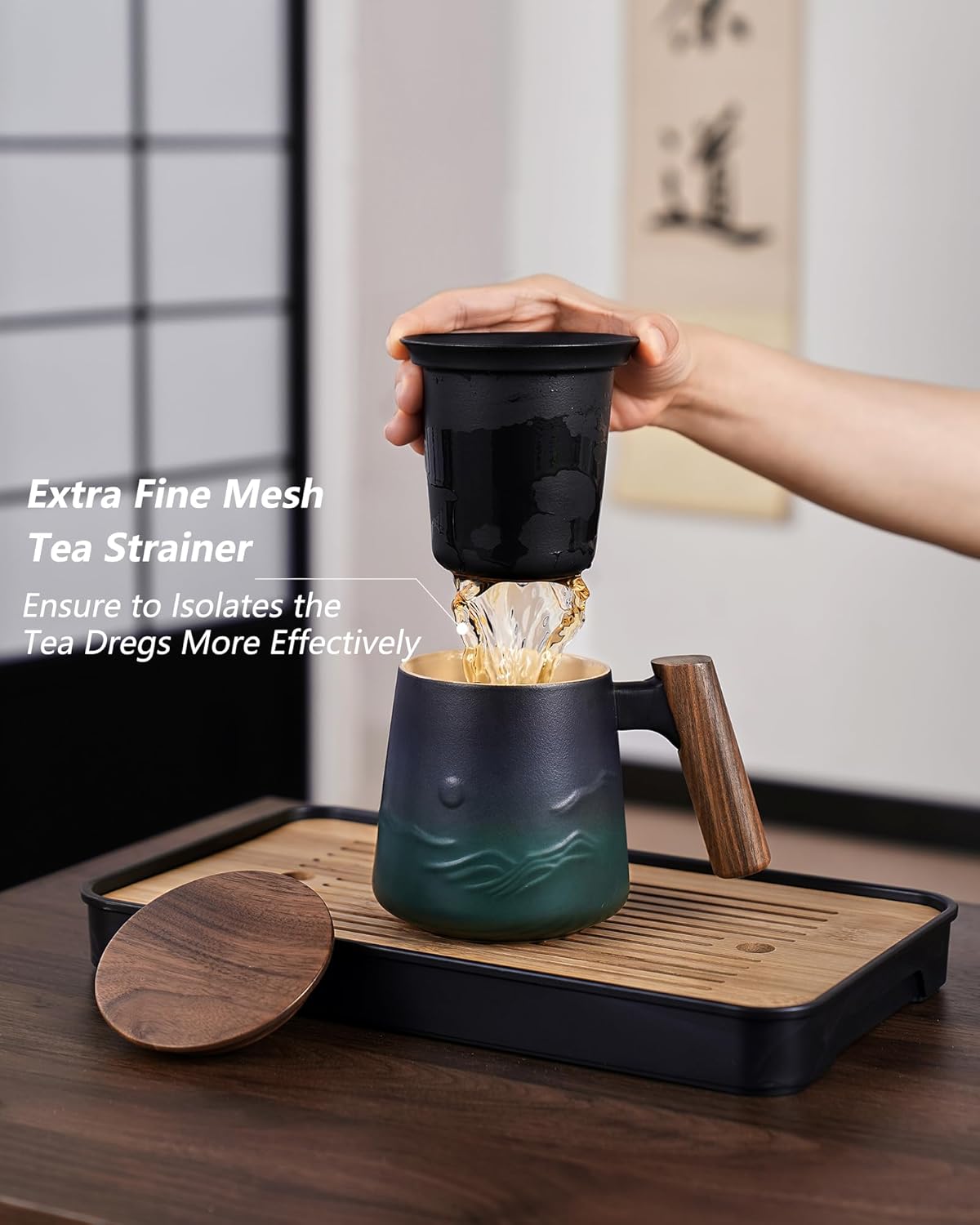 ZENS Embossed Ceramic Tea Mug with Infuser and Lid, 14.5 oz Wooden Handle, Loose Leaf Tea Steeper Cup & Strainer for Tea Lovers Gifts