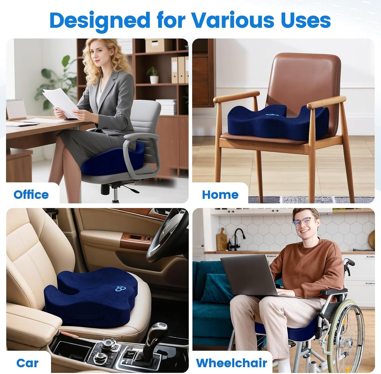 Seat Cushion, Memory Foam Chair Cushions for Tailbone/Sciatica Easing, Chair Pillow with Handles for Car, Office Chair Cushion with Non-Slip Design, Ideal for Post-Surgery Recovery(Black)
