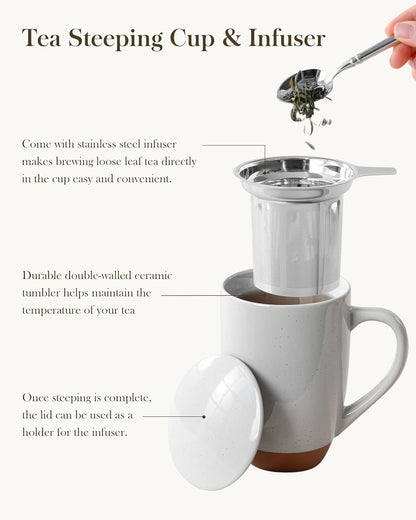MALACASA Ceramic Tea Mug with Lid and Stainless Steel Infuser, 18 oz Large Tea Cup for Loose Leaf Tea, Heat-Resistant, Microwave & Dishwasher Safe, Speckled Glaze Coffee & Tea Brewer Mug, Khaki White