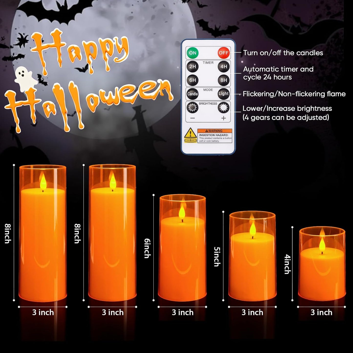 Homemory Gray Flickering Flameless Candles, Battery Operated Acrylic LED Pillar Candles with Remote Control and Timer, Halloween Decor, Set of 5