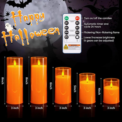 Homemory Gray Flickering Flameless Candles, Battery Operated Acrylic LED Pillar Candles with Remote Control and Timer, Halloween Decor, Set of 5