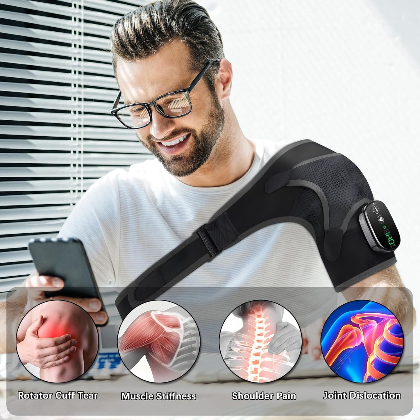 Cordless Shoulder Heating Pad with Massage, Vibration Heated Shoulder Wrap Massager, Rotator Cuff Shoulder Brace, Shoulder Massage with Heat for Pain Relief Deep, Warm Gifts