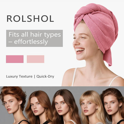 ROLSHOL 2 Pack Microfiber Hair Towel Wrap for Women, 32" x 11" Waffle Weave Hair Plopping Towel for Curly, Long & Thick Hair, Anti-Frizz Hair Turbans for Wet Hair (Pink, Grey)