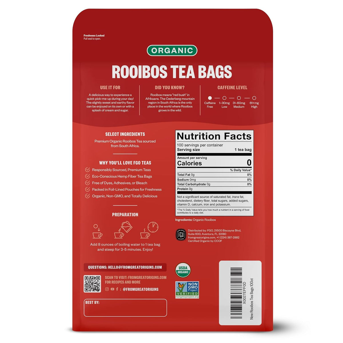 FGO Organic Rooibos Tea, 100 Count, Eco-Conscious Tea Bags, Caffeine Free, Packaging May Vary (Pack of 1)