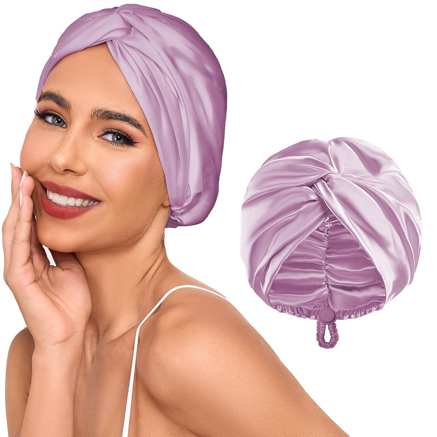 Adjustable Silk Satin Hair Bonnet for Sleeping Women, Double Layer, Silk Hair Wrap for Sleeping Women Men, Curly Natural Braid Straight Unisex - Pink